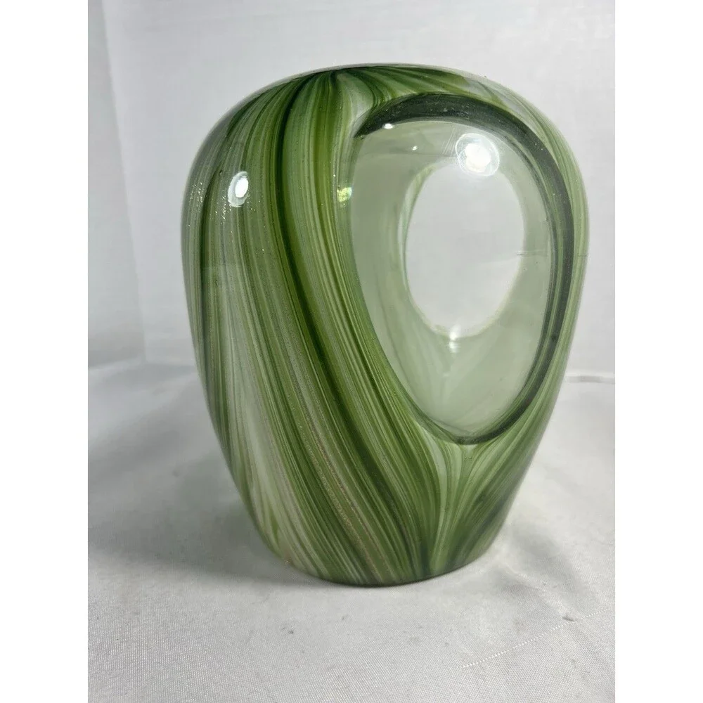 Hand Blown Art Glass Candle Holder Green White Swirl Gold Glitter 7” Tealight